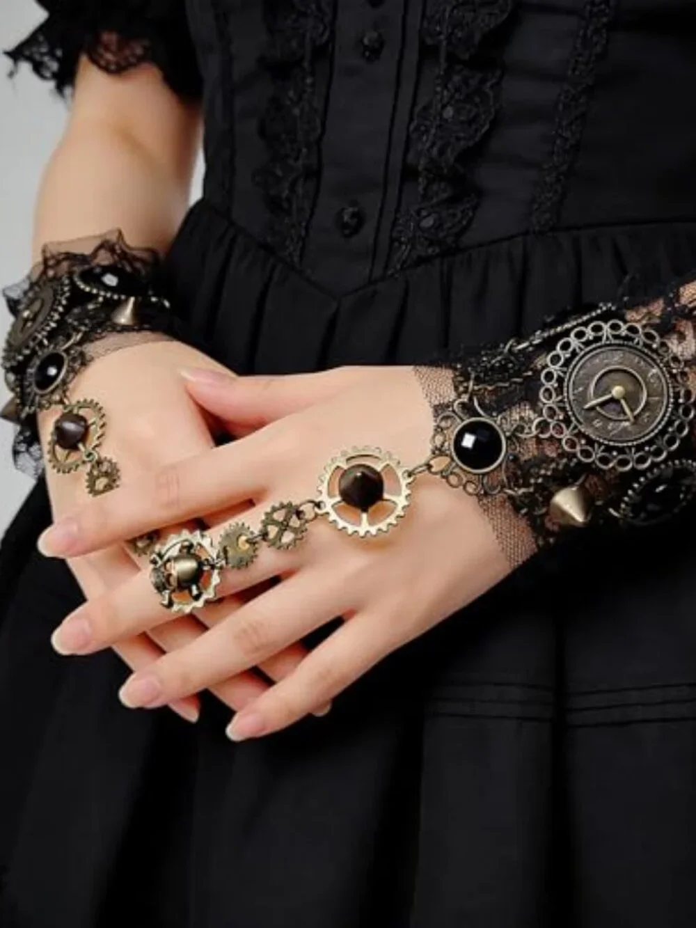 Steampunk Fingerless Lace Gloves with Clock Dial and Rings Gothic Bridal